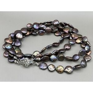 2 Strand Bronze Coin Pearl Sterling‎ Silver 925 Necklace 25" + 2"